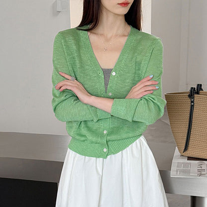 【トップス】Vネック ニットカーディガン レディース 春新作 薄手 長袖 ショート丈 無地 ゆったり 冷房対策【JZシリーズ】