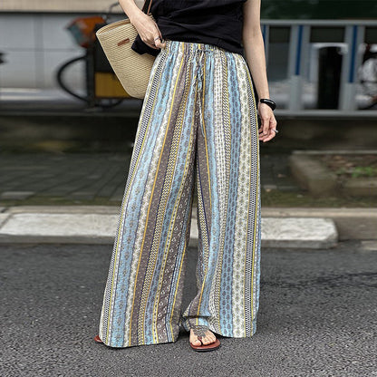 【ボトムス】リゾート風 カジュアルパンツ ハイウエスト ワイドシルエット 薄手 パンツ 美脚見え効果【SHシリーズ】