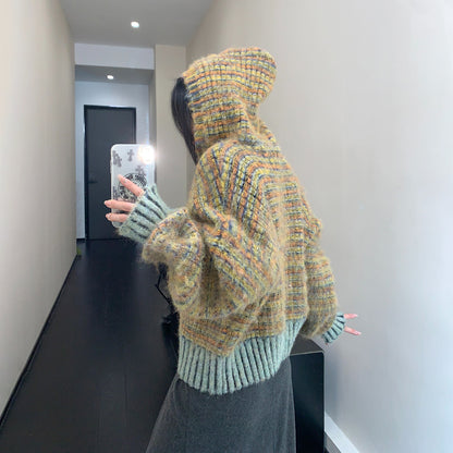 【トップス】🧸 レトロボーダーショートニットパーカー レディース 冬新作 小洒落感たっぷりの厚手カーデ【FCシリーズ】