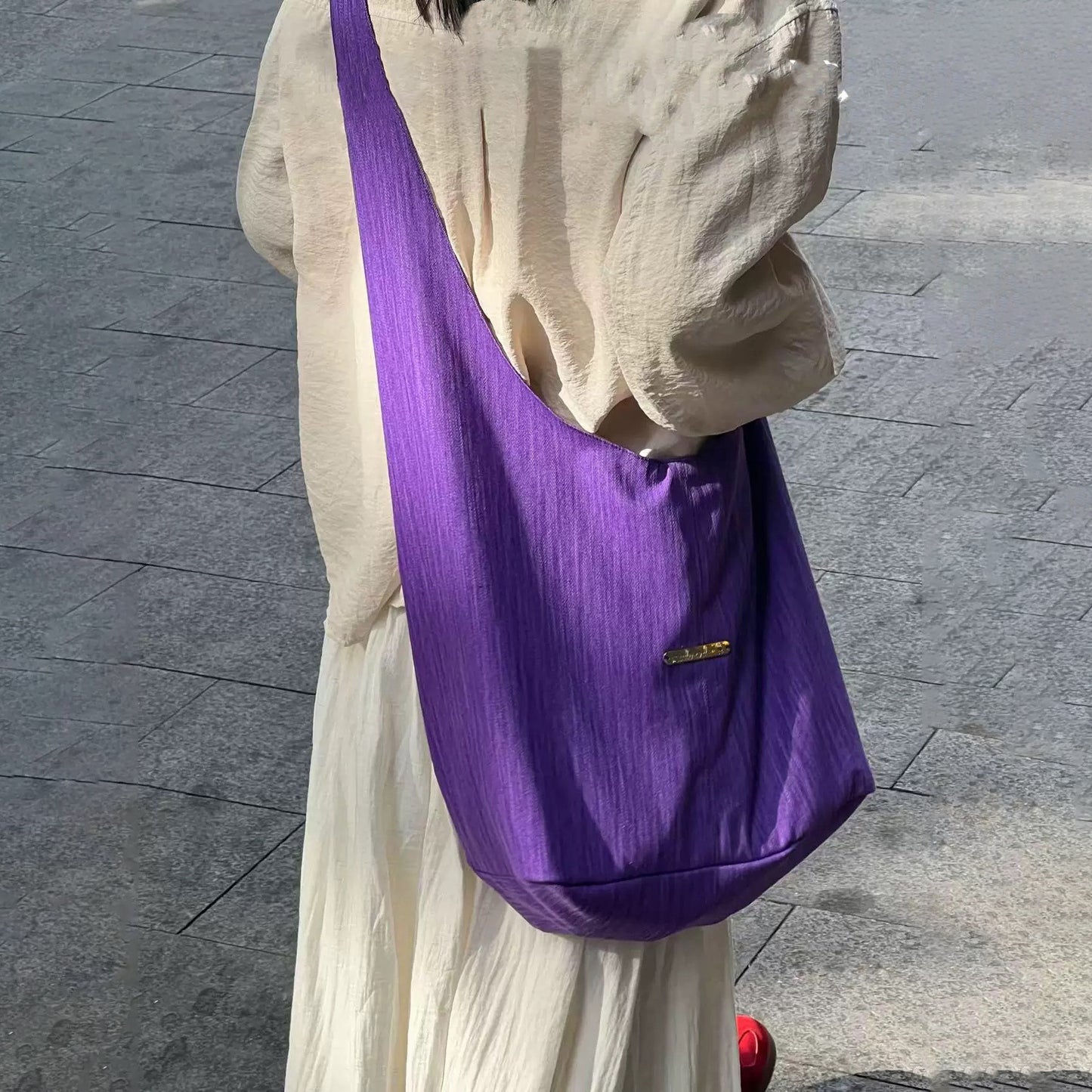 【バッグ】韓国風ゆるシルエット ワンショルダー斜めがけキャンバスバッグ パープルトート 大容量