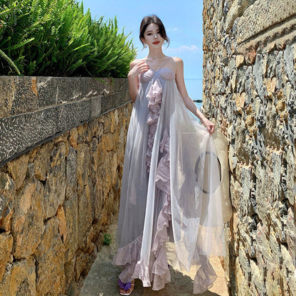 【ワンピース】フリル キャミワンピース レディース 夏 パープル ロングワンピース フェミニン ガーリー リゾート 沖縄旅行【SHシリーズ】