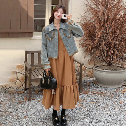 【セットアップ】初秋 韓国風コーデ レトロ デニム ジャケット＋ノースリーブワンピース 細見え 2点セット【JZシリーズ】