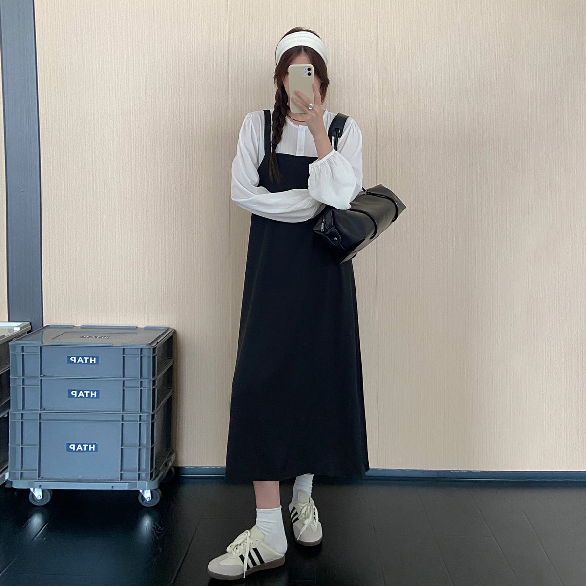 【ワンピース】フェイクレイヤードスクエアネックワンピース レディース 秋冬新作 ゆったり 体型カバー ロング丈【JZシリーズ】