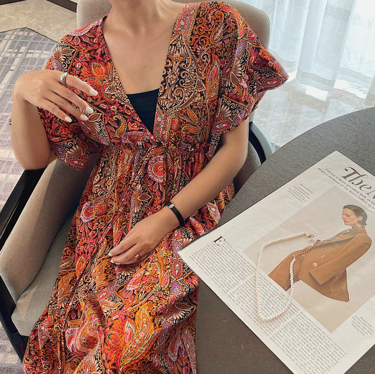 【ワンピース】ヴィンテージ風 レディース Vネック 半袖ワンピース 夏新作 ゆったり ミモレ丈 スリム見え フレンチスタイル【SHシリーズ】