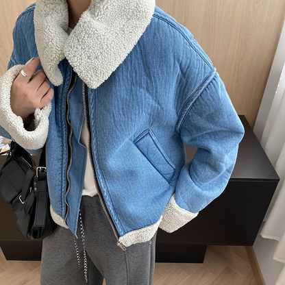 【アウター】秋冬用 高級感 フェイクボア デニムジャケット レディース ビッグカラー 綿入れコート【SNシリーズ】