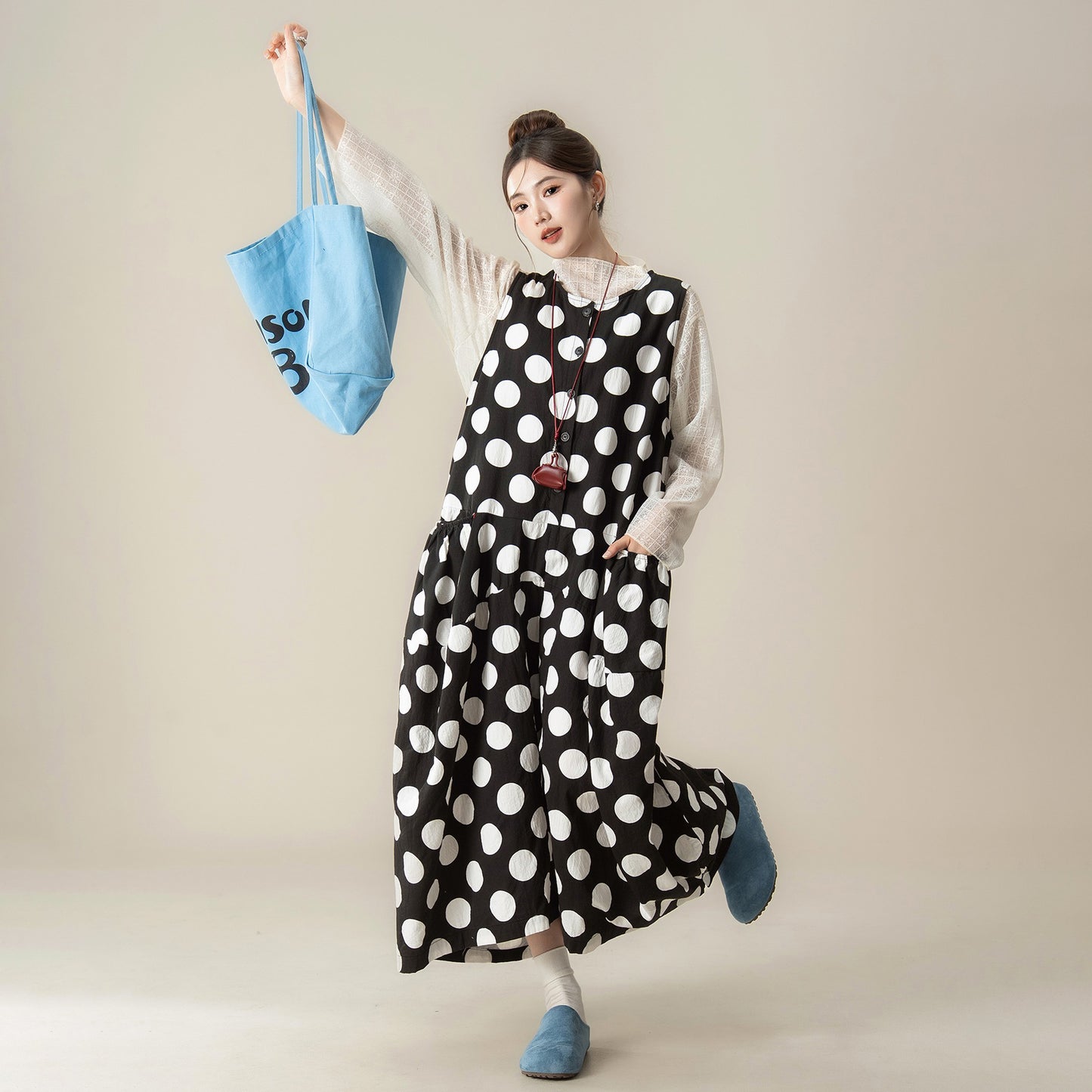 【ボトムス】ドット柄 サロペット レディース 秋 新作 ゆったり 体型カバー オールインワン【JZシリーズ】