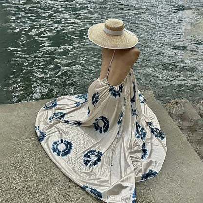 【ワンピース】フレンチデザイン 花柄サテンワンピース レディース 夏新作 バックオープン ロング丈 上品 ノースリーブ リラックスワンピース【SHシリーズ】