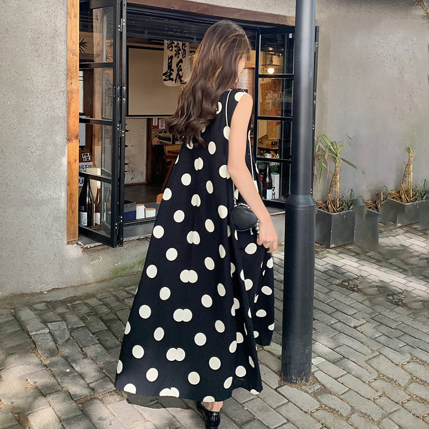 【ワンピース】韓国風 レトロ ドット柄 ノースリーブ ワンピース 夏 カジュアル 着痩せ 上品 ロング丈【SHシリーズ】