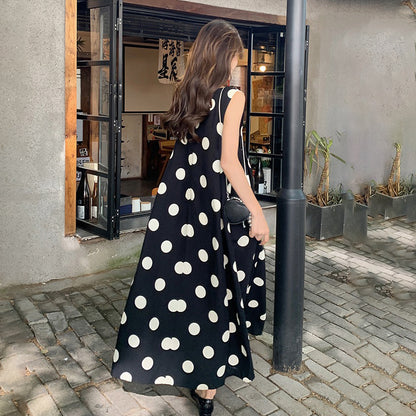 【ワンピース】韓国風 レトロ ドット柄 ノースリーブ ワンピース 夏 カジュアル 着痩せ 上品 ロング丈【SHシリーズ】