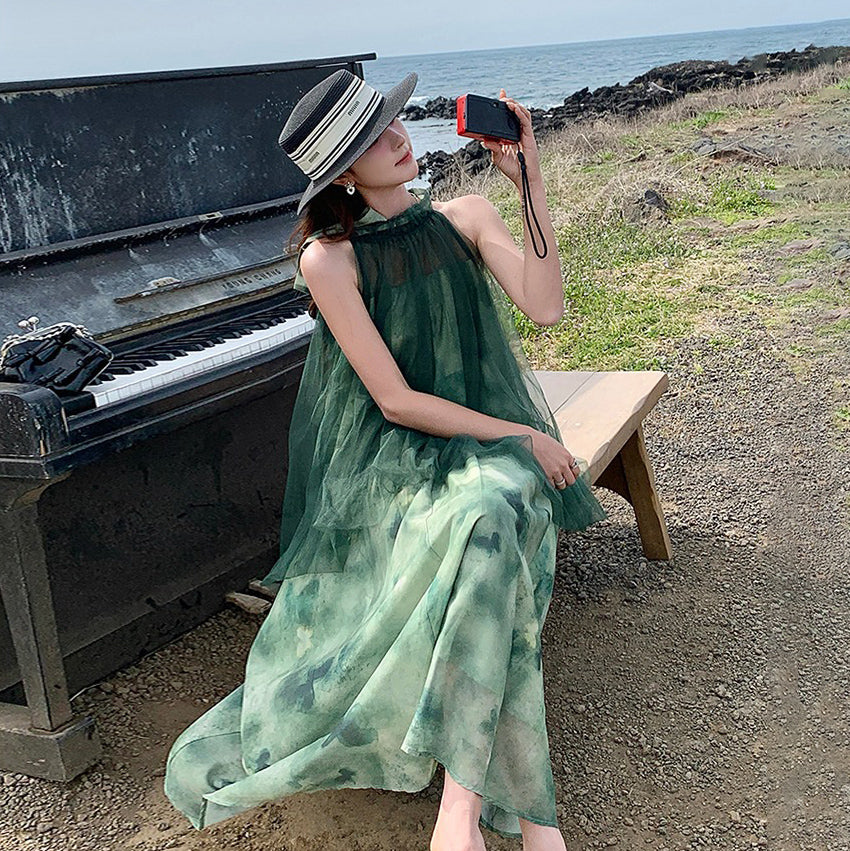 【ワンピース】夏新作  リラックス感漂うリゾートロングドレス 切り替え ノースリーブワンピース【SHシリーズ】