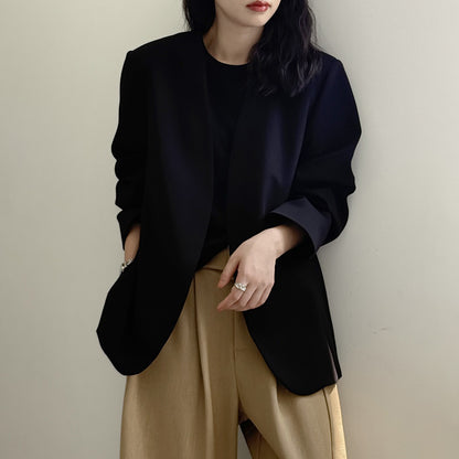 【アウター】気質 ノーカラー ジャケット レディース パッド入りショルダー 秋新作 高級感 ゆったり スーツジャケット【JZシリーズ】