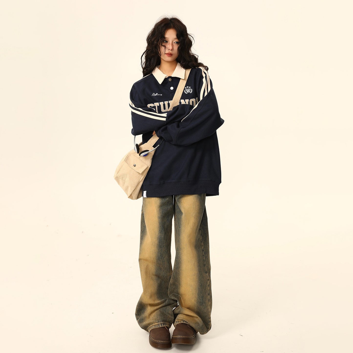 【トップス】ヴィンテージ ポロカラー スウェット レディース ゆったり カジュアル ユニセックスペアコーデ パーカー【FCシリーズ】