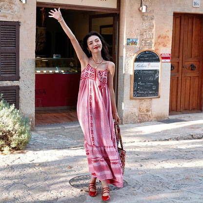 【ワンピース】旅行コーデ レディース 夏 民族風 刺繍入り ビーチ リゾート キャミソール ノースリーブワンピース【SHシリーズ】