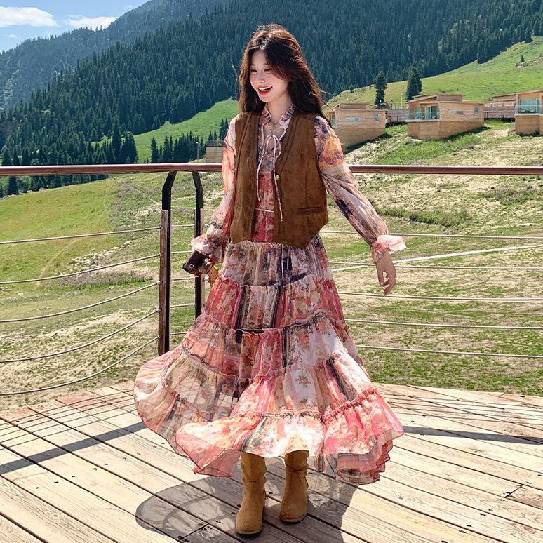 【セットアップ】メラード風 ベスト+花柄長袖ワンピース セット 春秋 若見え 上品でエレガント 超おしゃれ【SHシリーズ】