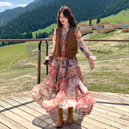 【セットアップ】メラード風 ベスト+花柄長袖ワンピース セット 春秋 若見え 上品でエレガント 超おしゃれ【SHシリーズ】