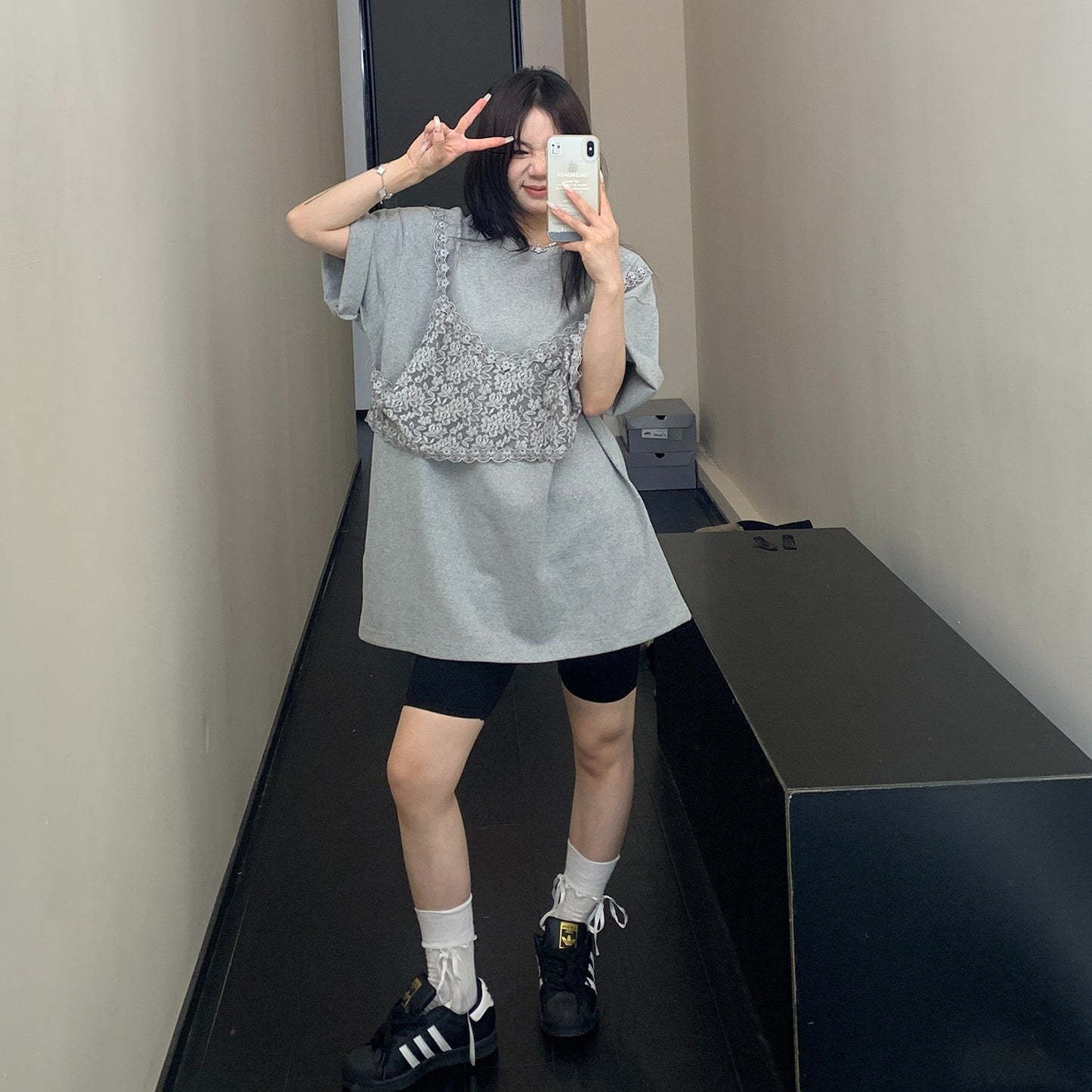 【トップス】夏新作 個性派デザイン 重ね着風 レース切り替え 綿100％ 半袖Tシャツ【FCシリーズ】