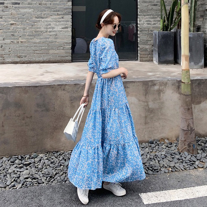 【ワンピース】【10～15日内発送】夏新作 フレンチ風 高級感 Vネック パフスリーブ フラワープリント 半袖ワンピース【SHシリーズ】