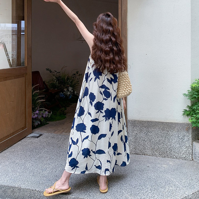 【ワンピース】リゾート風 夏 フレンチエレガンス ゆったりシルエット 足首丈 ノースリーブ花柄ワンピース【SHシリーズ】