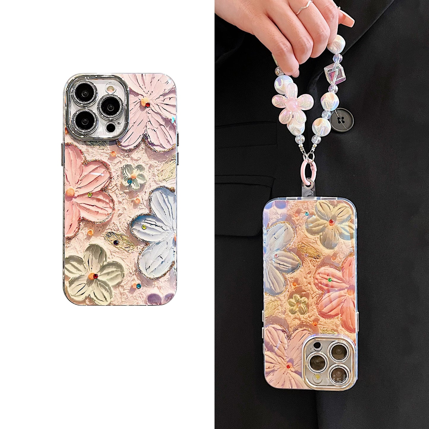 【グッズ】iPhone 16 Pro Max / 15 Pro / 13 / 13 PM  用 ブルーライトカット 油絵フラワー 韓国風 レディース 全面保護 レンズカバー付き 高級感 ストラップ付き 新作 スマホケース