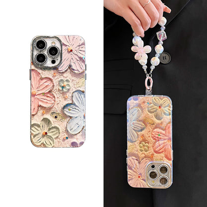 【グッズ】iPhone 16 Pro Max / 15 Pro / 13 / 13 PM  用 ブルーライトカット 油絵フラワー 韓国風 レディース 全面保護 レンズカバー付き 高級感 ストラップ付き 新作 スマホケース