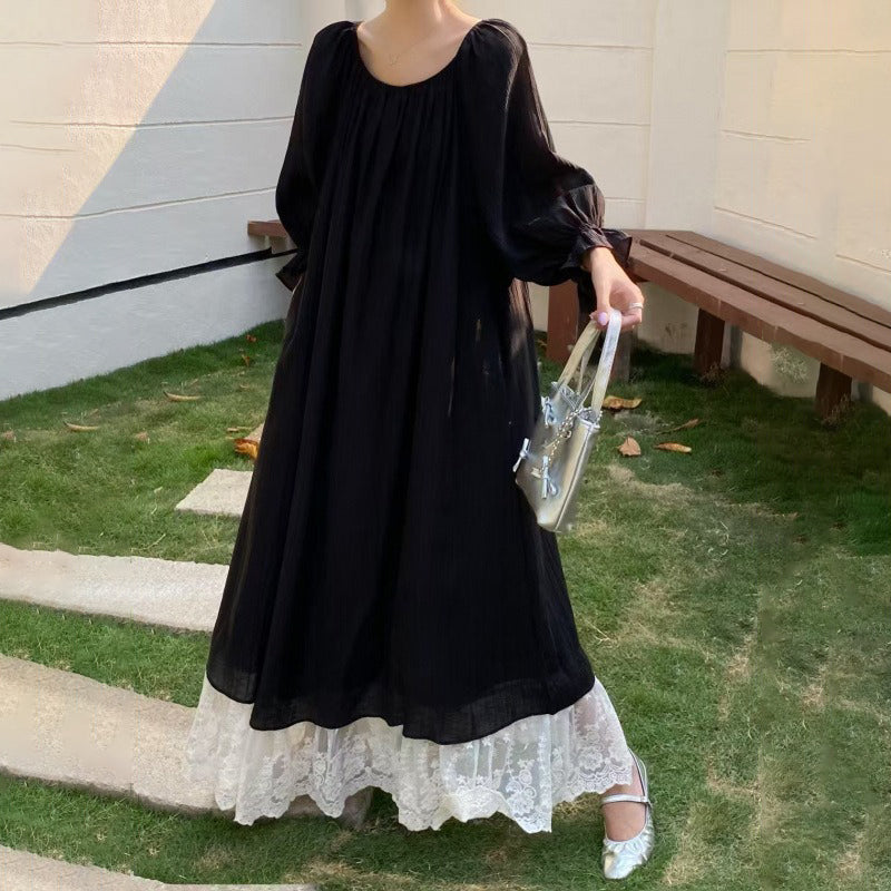 【ワンピース】7カラー 韓国風 ゆったり大きめサイズ オフショルダー レース スウィート ドレス 長袖ワンピース