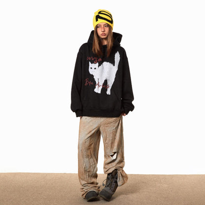 ペア着用OK！【トップス】カートゥーン 猫柄 フード付き スウェット レトロ ゆったり ユニセックス パーカー【FCシリーズ】