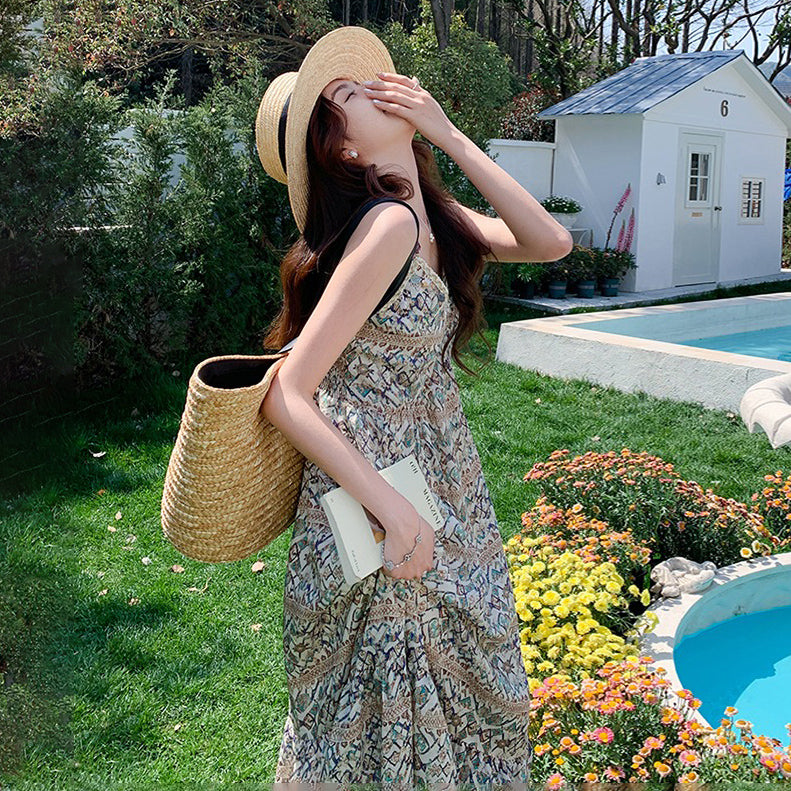 【ワンピース】バカンス映え ボヘミアン ノースリーブワンピース 花柄ロング丈 夏新作 リゾートスタイル【SHシリーズ】
