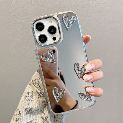 【グッズ】iPhone 15 Pro Max / 16 Pro / 14 / 13 Pro / 12 / 11 用 高級感 インスタ風 メッキ加工 シワ加工 立体ハート 気質レディース ブレスレット風 ミラーケース スマホカバー