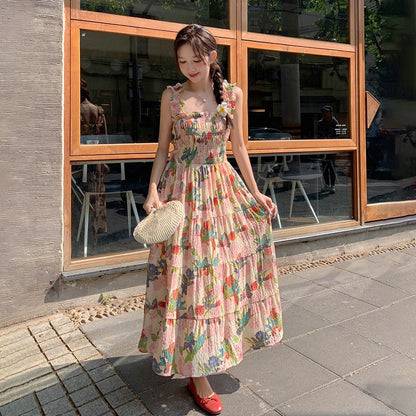 【ワンピース】夏 フレンチ風 スリム効果 ドーパミン 油絵プリント ノースリーブワンピース【SHシリーズ】