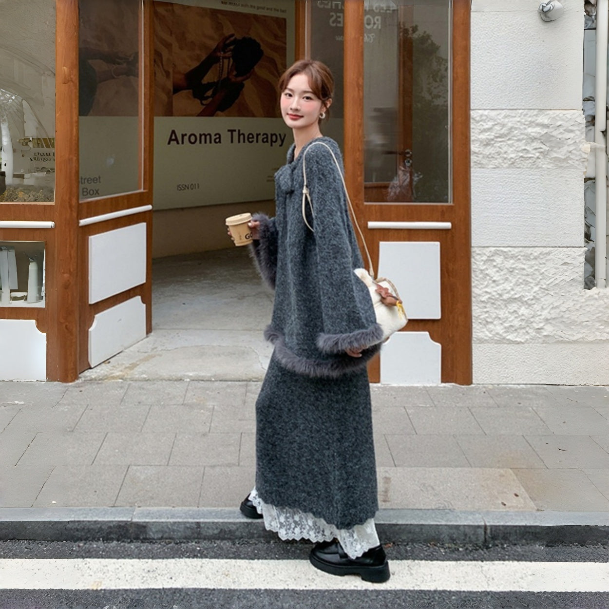 【セットアップ】前後着用可能 レース 合わせやすい ニットセーター+スカート 2点セット【JZシリーズ】