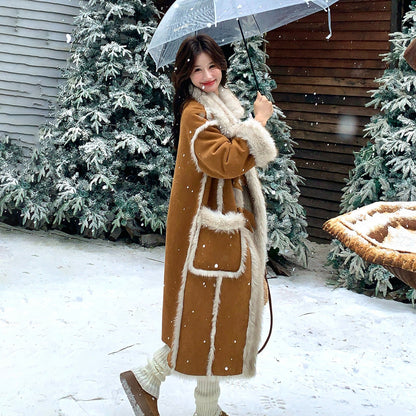 【アウター】リボン付き フェイクファー コート 冬新作 シープボアデザイン 長袖 綿入れコート【JZシリーズ】