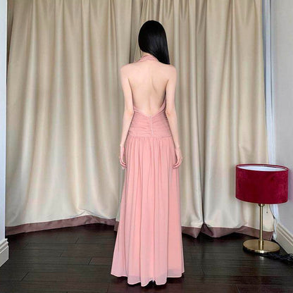 【ワンピース】ピンク Vネック ホルターネック バックオープン ワンピース 夏新作 フリルデザイン ノースリーブ ロング丈 レディース【JZシリーズ】
