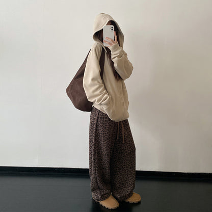 【ボトムス】アメリカンレトロ レオパード柄 ワッフルニット ワイドストレート イージーパンツ ウエストゴム レディース【FCシリーズ】