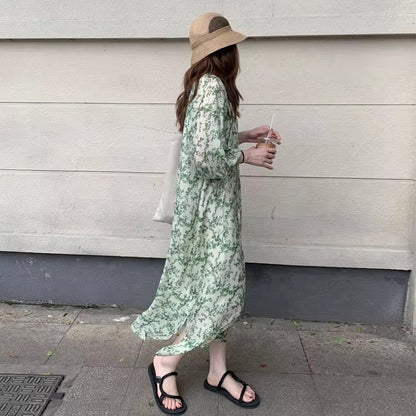 【ワンピース】Vネック半袖 花柄ワンピース レディース 七分袖 ミモレ丈 ゆったりシルエット【SHシリーズ】