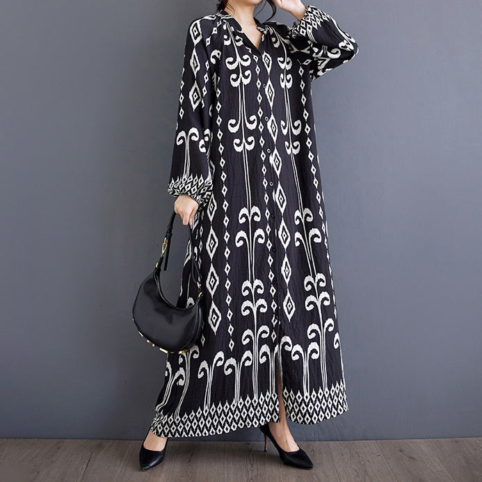 【ワンピース】ゆったり 文芸風 ファッション プリント切替 立襟 カジュアル 長袖ワンピース
 レディース ロング丈【SHシリーズ】