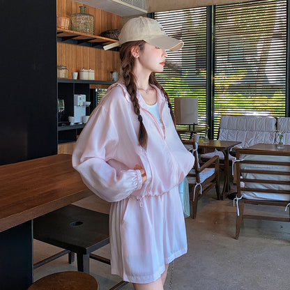 3点セット！【セットアップ】ゆる感たっぷり♡韓国風ピンクUVカットアウター+キャミ＋ショーパンセットアップ 夏の注目 上下セット【JZシリーズ】