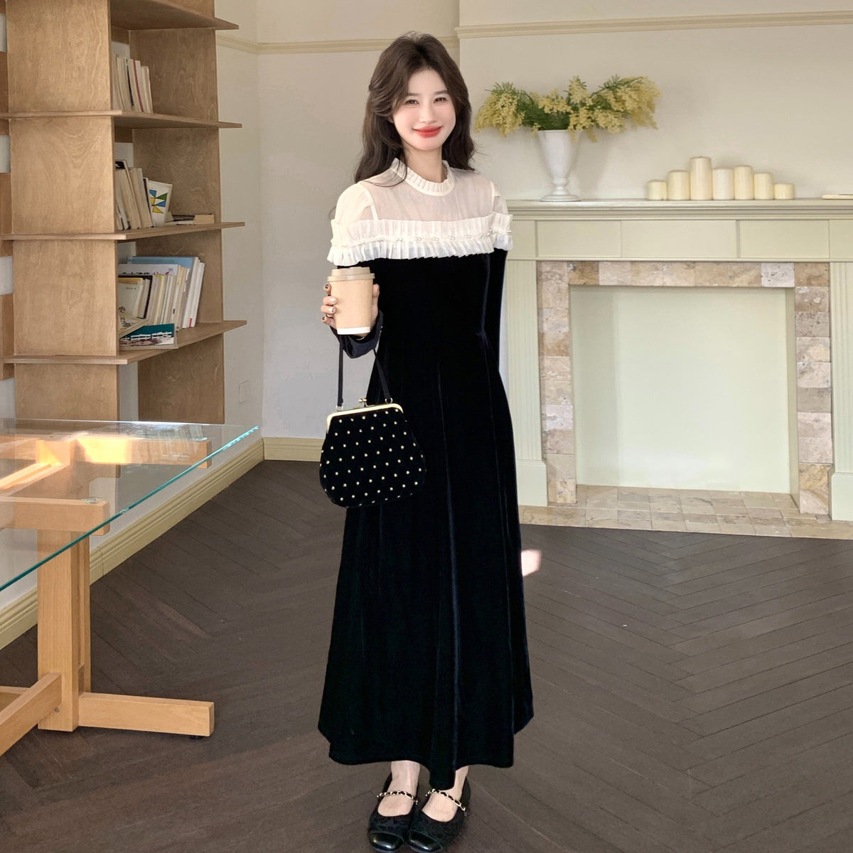 【ワンピース】フレンチシックベルベットロングワンピース レディース 春秋新作 ブラック フィットシルエット 上品 大人っぽい【JZシリーズ】