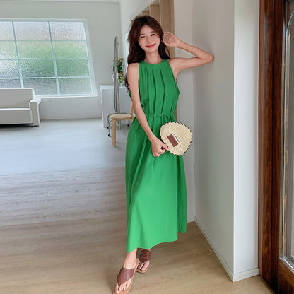 【ワンピース】夏 バカンス森系 細見え気質 ノースリーブオフショルダーワンピース【JZシリーズ】