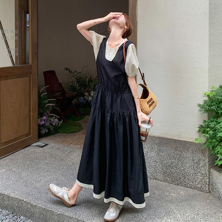 2点セット！【セットアップ】夏人気 若見えコーデ サロペットワンピース＋トップス 2点セット レディース フレンチ風 上品ロング丈セットアップ【JZシリーズ】