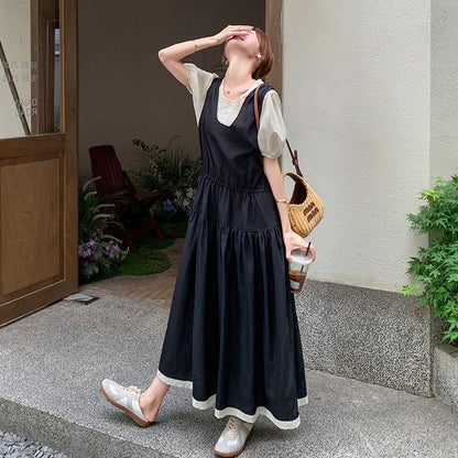 2点セット！【セットアップ】夏人気 若見えコーデ サロペットワンピース＋トップス 2点セット レディース フレンチ風 上品ロング丈セットアップ【JZシリーズ】