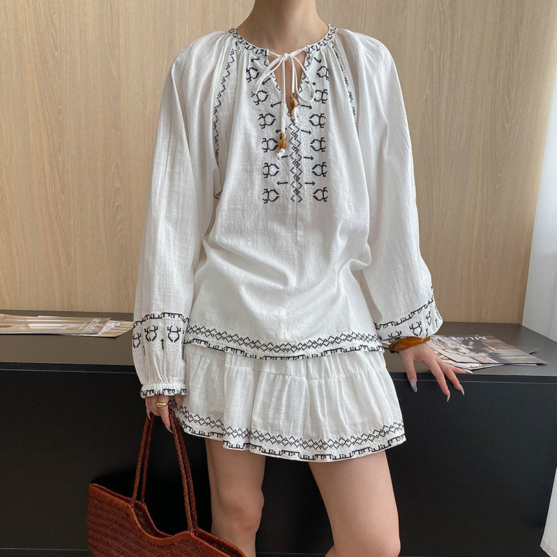 2点セット!【セットアップ】初秋新作 民族風刺繍トップス ブラウス＋ミニスカート 上下セット｜ゆったりシルエット レディース【SHシリーズ】