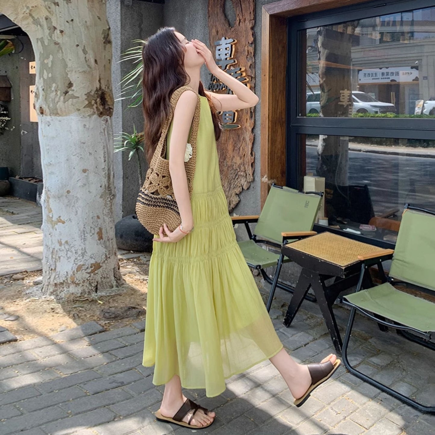 【ワンピース】気質スタイル 夏 海辺リゾート風 ギャザー入りシフォンロングドレス  ノースリーブワンピース