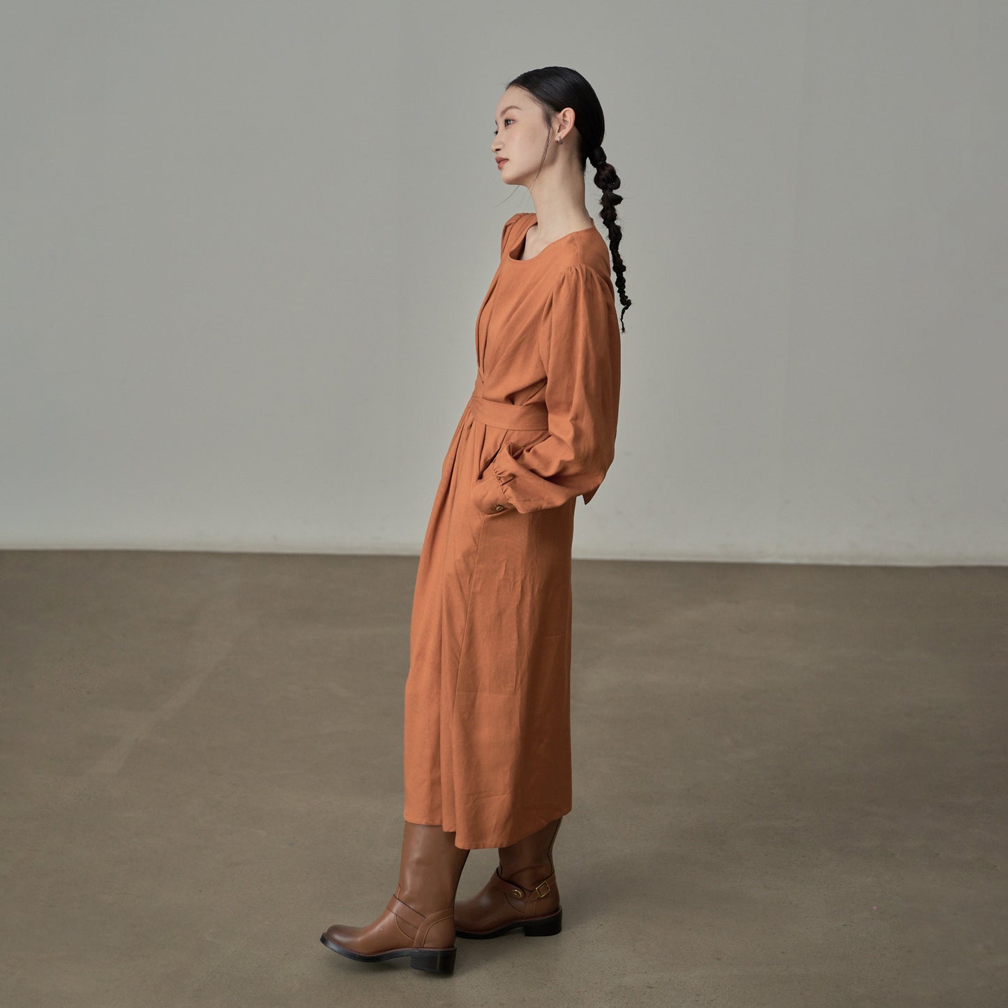 【ワンピース】フレンチレトロ風 オレンジリボン長袖ワンピース レディース ウエストシェイプ ロング丈【JZシリーズ】