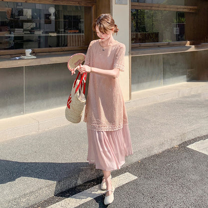 【ワンピース】レース 透かし編み 切り替え ドッキング風 半袖ワンピース レディース 夏新作 甘め上品 ロング丈ドレス【JZシリーズ】