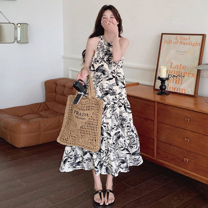 【ワンピース】夏新作 フレンチチャイナ 水墨花柄 ハイネック ノースリーブワンピース【SHシリーズ】