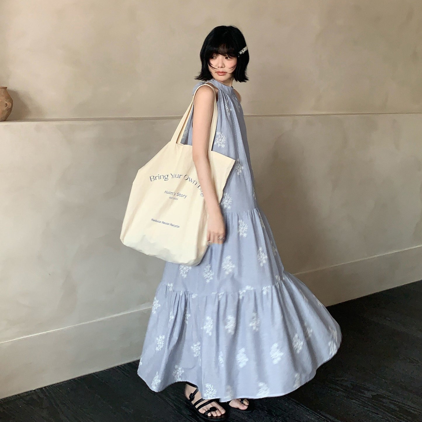 【ワンピース】リゾート 刺繍入り 夏 フローラルプリント ノースリーブワンピース【JZシリーズ】