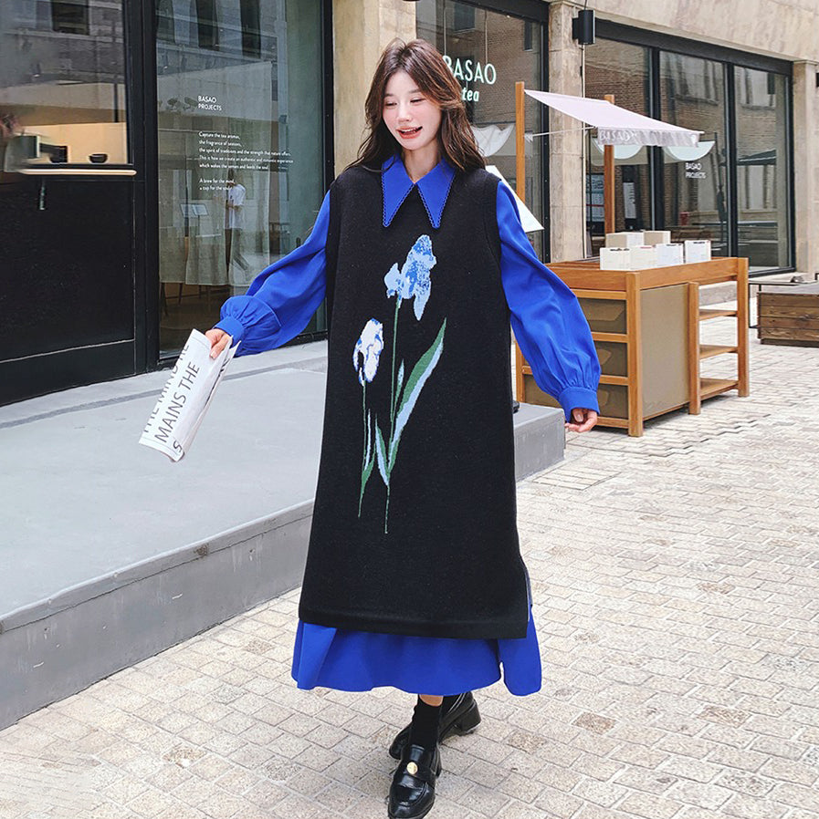 2点セット！【セットアップ】ブルー ジャカードニット＋シャツ長袖ワンピース セットアップ レディース OOTDコーデ 若見え【SHシリーズ】