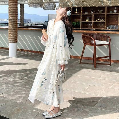 【ワンピース】独特で絶美なフレンチ風 花柄 長袖ワンピース 超人気 バルーンスリーブ リゾートロングドレス【SHシリーズ】