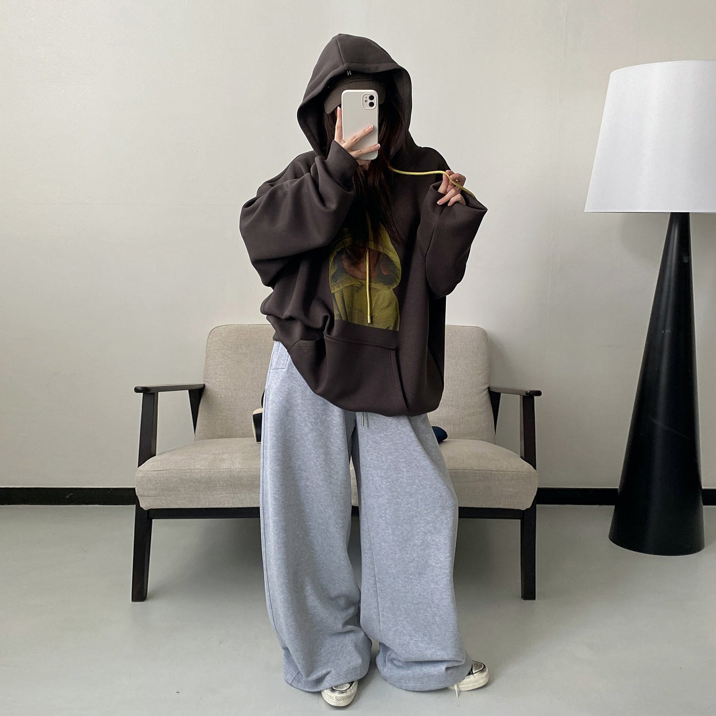 【トップス】ゆるシルエット グリーングレー カートゥーンプリント プルオーバーパーカー【FCシリーズ】