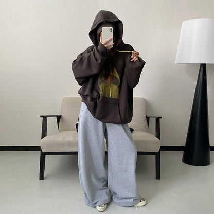 【トップス】ゆるシルエット グリーングレー カートゥーンプリント プルオーバーパーカー【FCシリーズ】